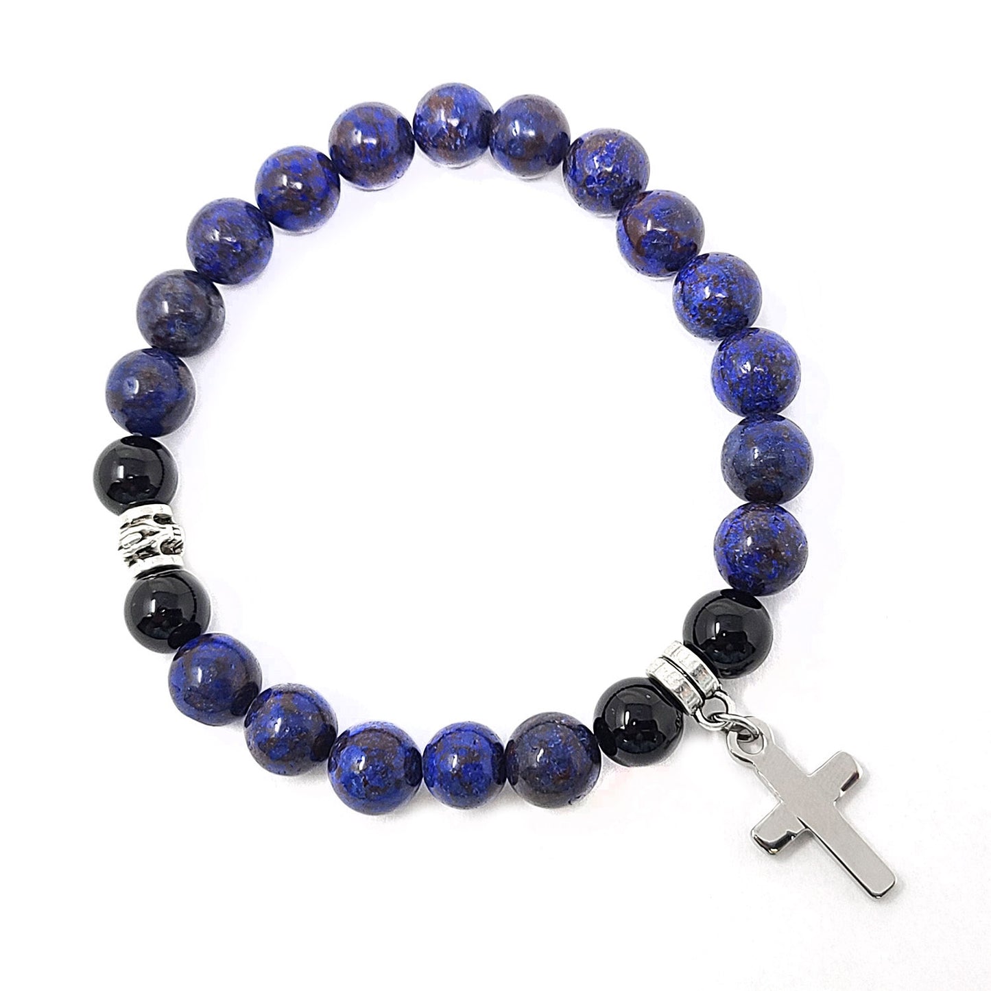 Women's Dangling Cross Charm Natural Agate Stone Bead Stretch Bracelet