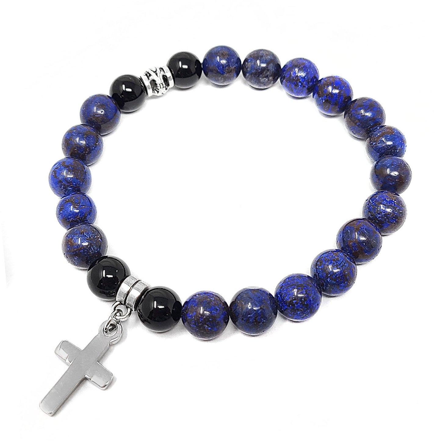 Stainless Steel Cross Charm Floral Agate Natural Stone Stretch Bracelet