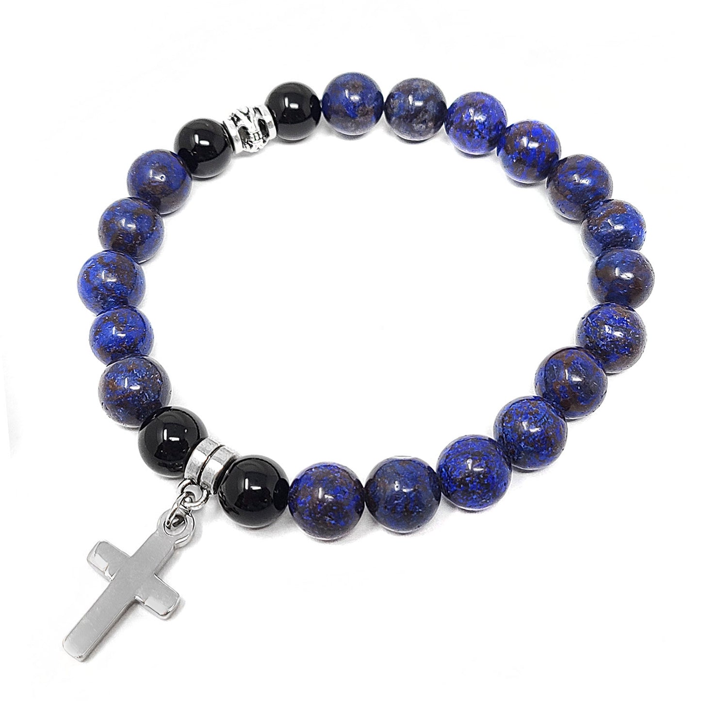 Women's Dangling Cross Charm Natural Agate Stone Bead Stretch Bracelet