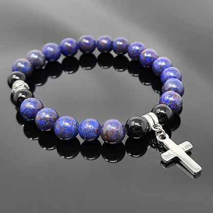 Stainless Steel Cross Charm Floral Agate Natural Stone Stretch Bracelet