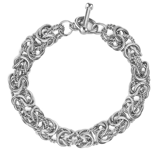 Women's Polished Intricate Byzantine Chain Stainless Steel Toggle Clasp Bracelet