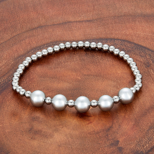 Women's Gray Crystal Pearls and Steel Bead Stretch Bracelet (4mm Wide)