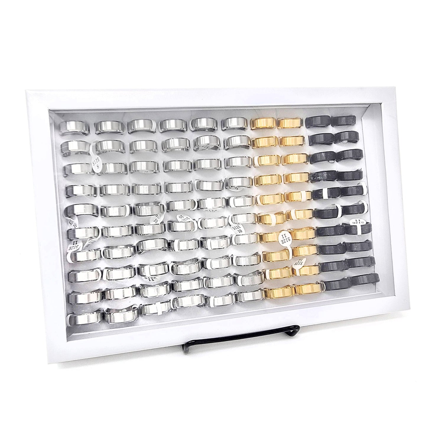 Men's 100 Piece Box Ring Set Brushed Beveled Edge Steel Wedding Band Rings (8mm)