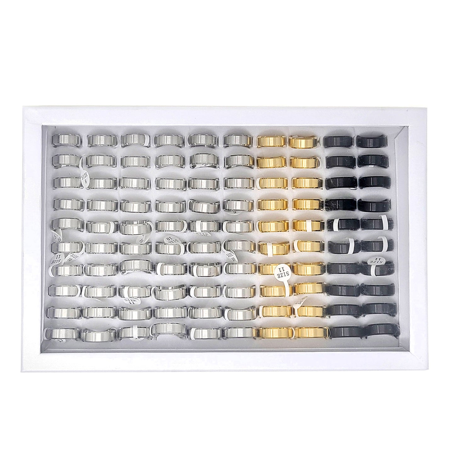 Men's 100 Piece Box Ring Set Brushed Beveled Edge Steel Wedding Band Rings (8mm)