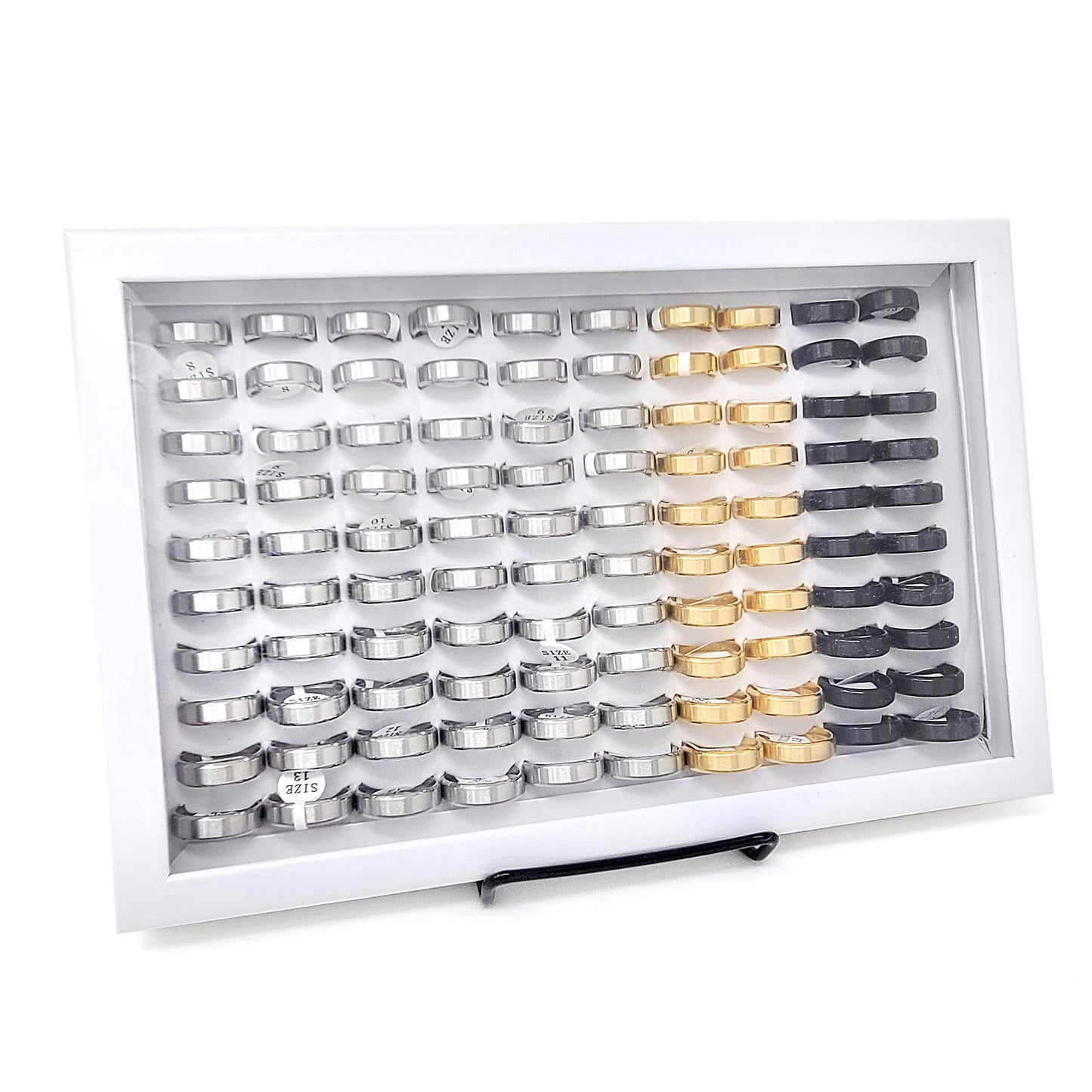 Men's 100 Piece Box Ring Set Brushed Beveled Edge Steel Wedding Band Rings (7mm)