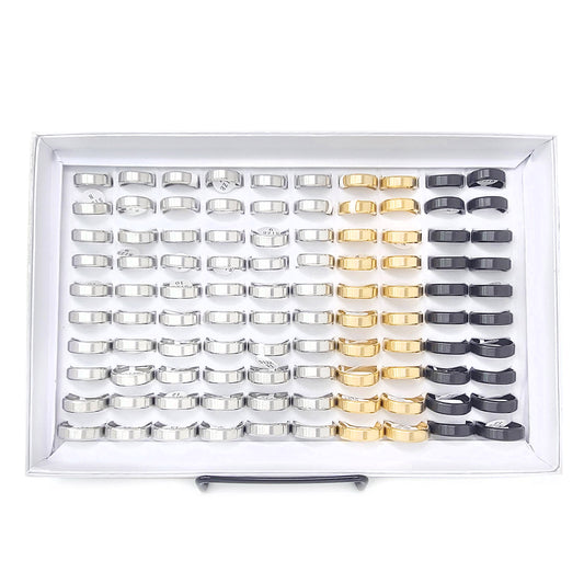 Men's 100 Piece Box Ring Set Brushed Beveled Edge Steel Wedding Band Rings (7mm)