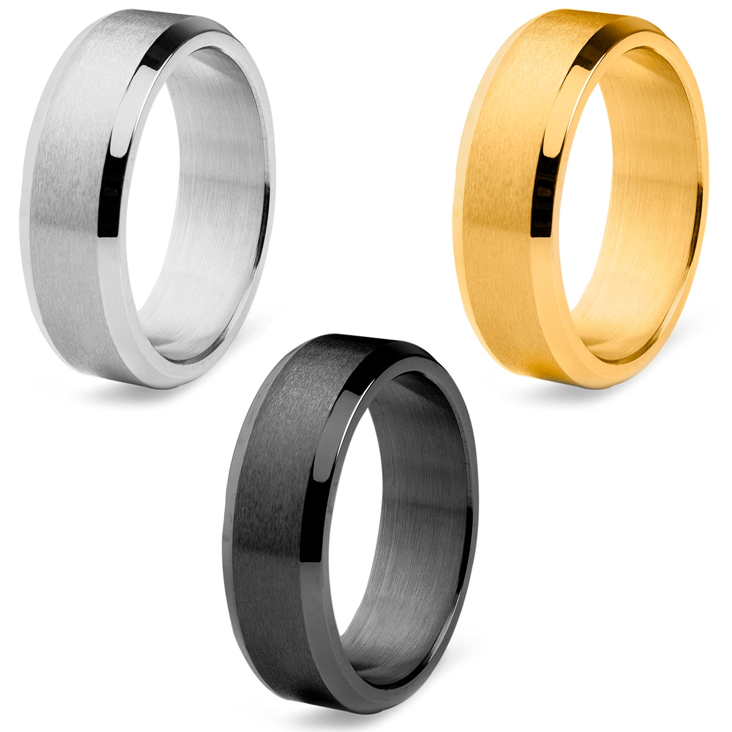 Men's 100 Piece Box Ring Set Brushed Beveled Edge Steel Wedding Band Rings (7mm)