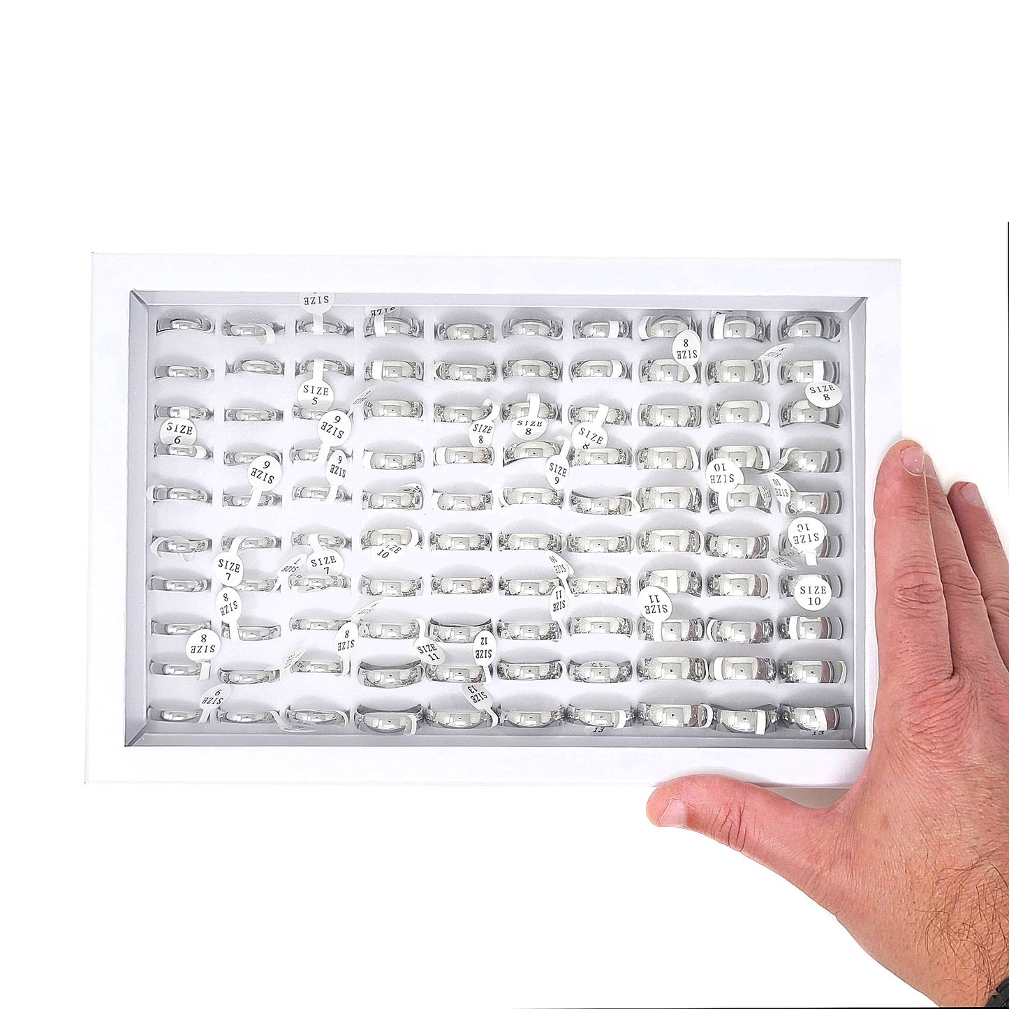 Unisex 100 Piece Box Ring Set Polished Domed Wedding Band Rings (4mm, 6mm and 8mm)
