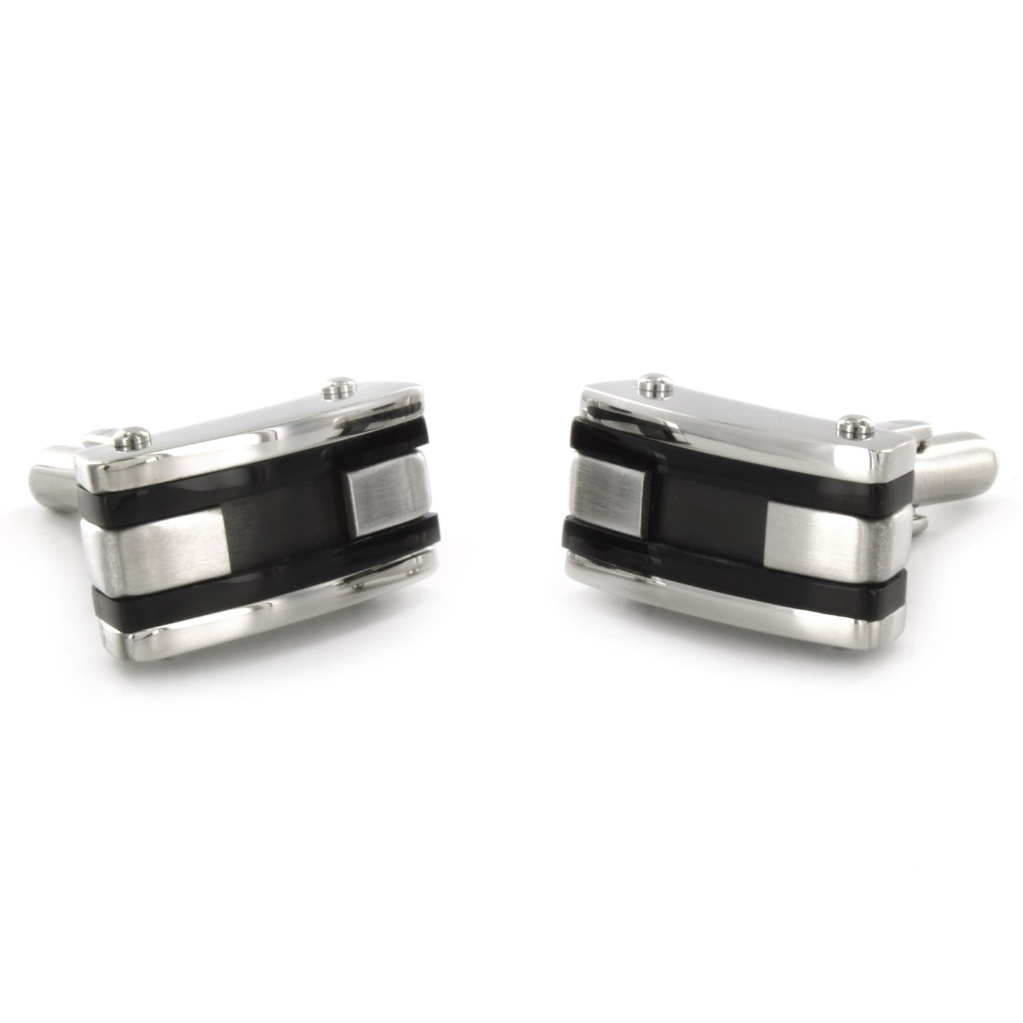 Men's Stainless Steel Black Inlay and Black Racing Striped Cuff Links