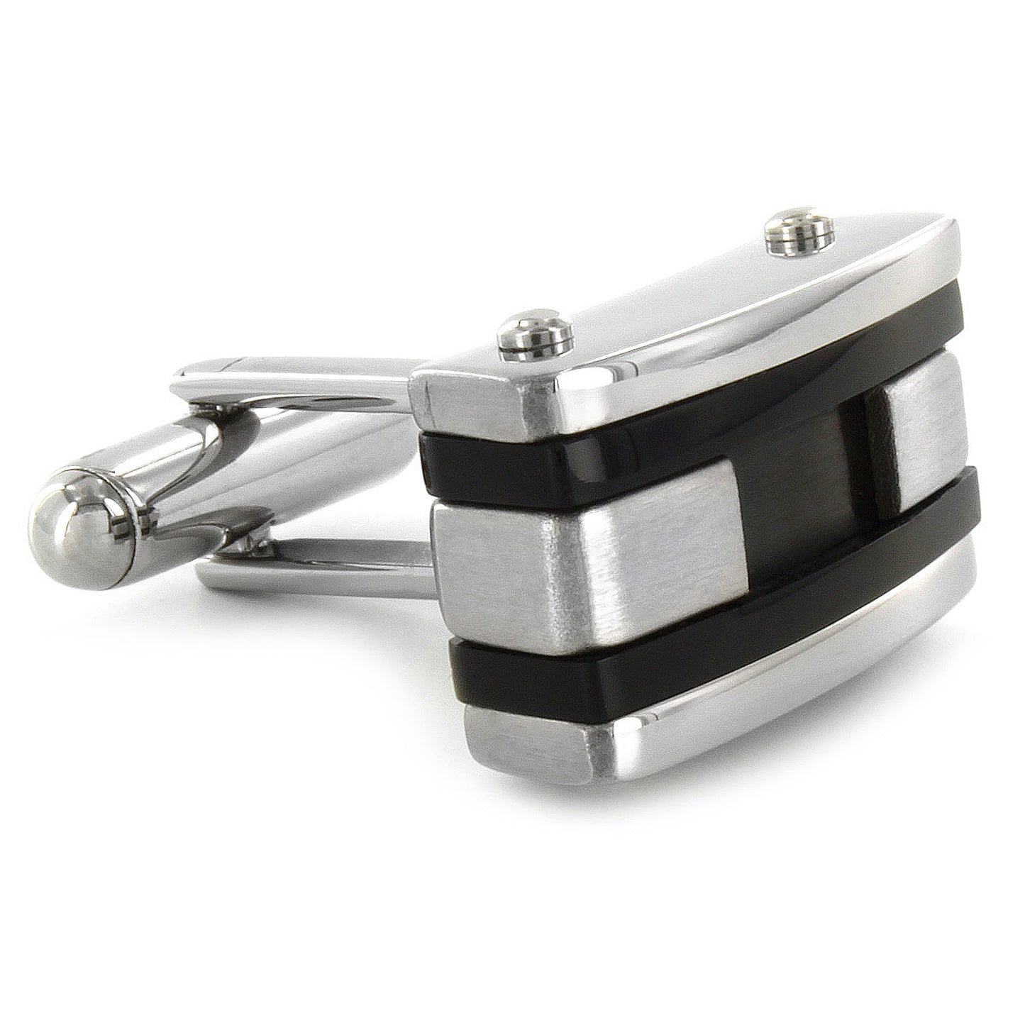 Men's Stainless Steel Black Inlay and Black Racing Striped Cuff Links