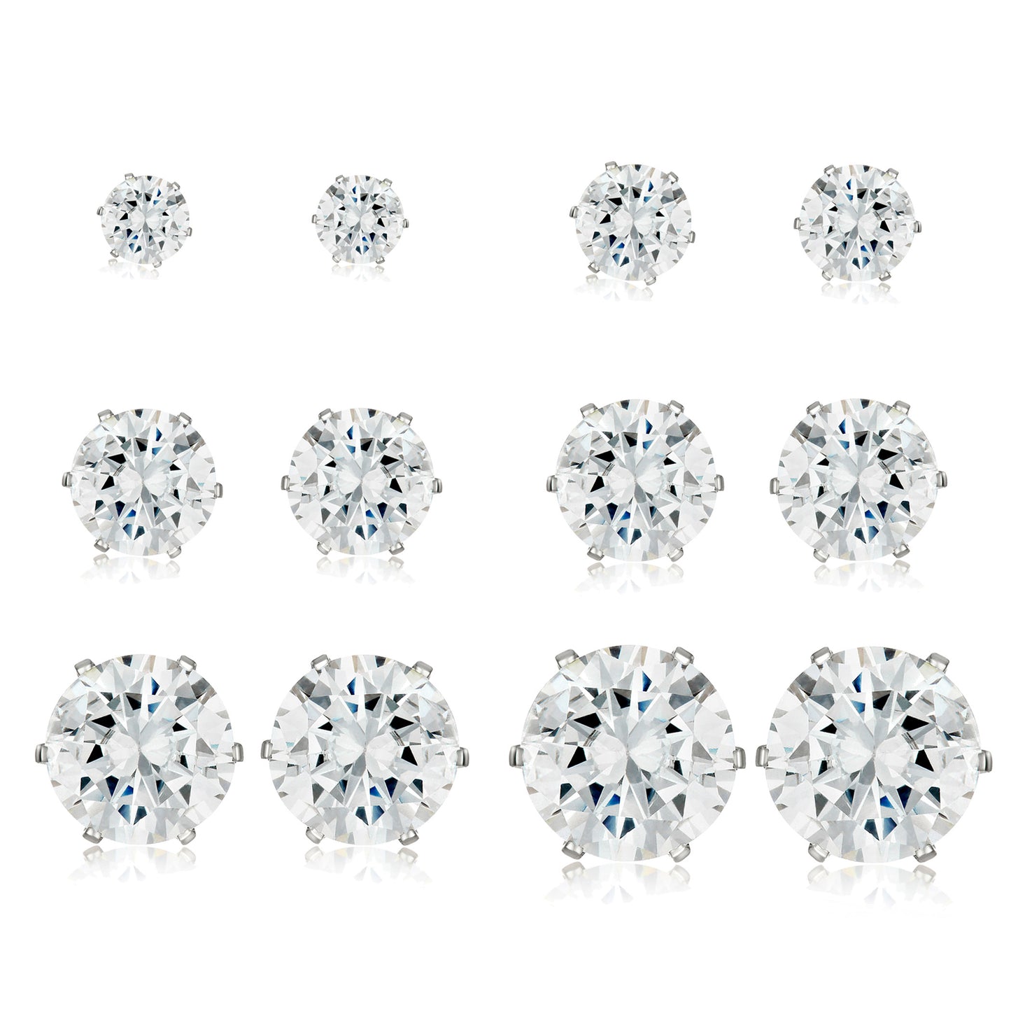 ELYA Women's High Polished Cubic Zirconia Stainless Steel Stud Earrings - 6 Pair set