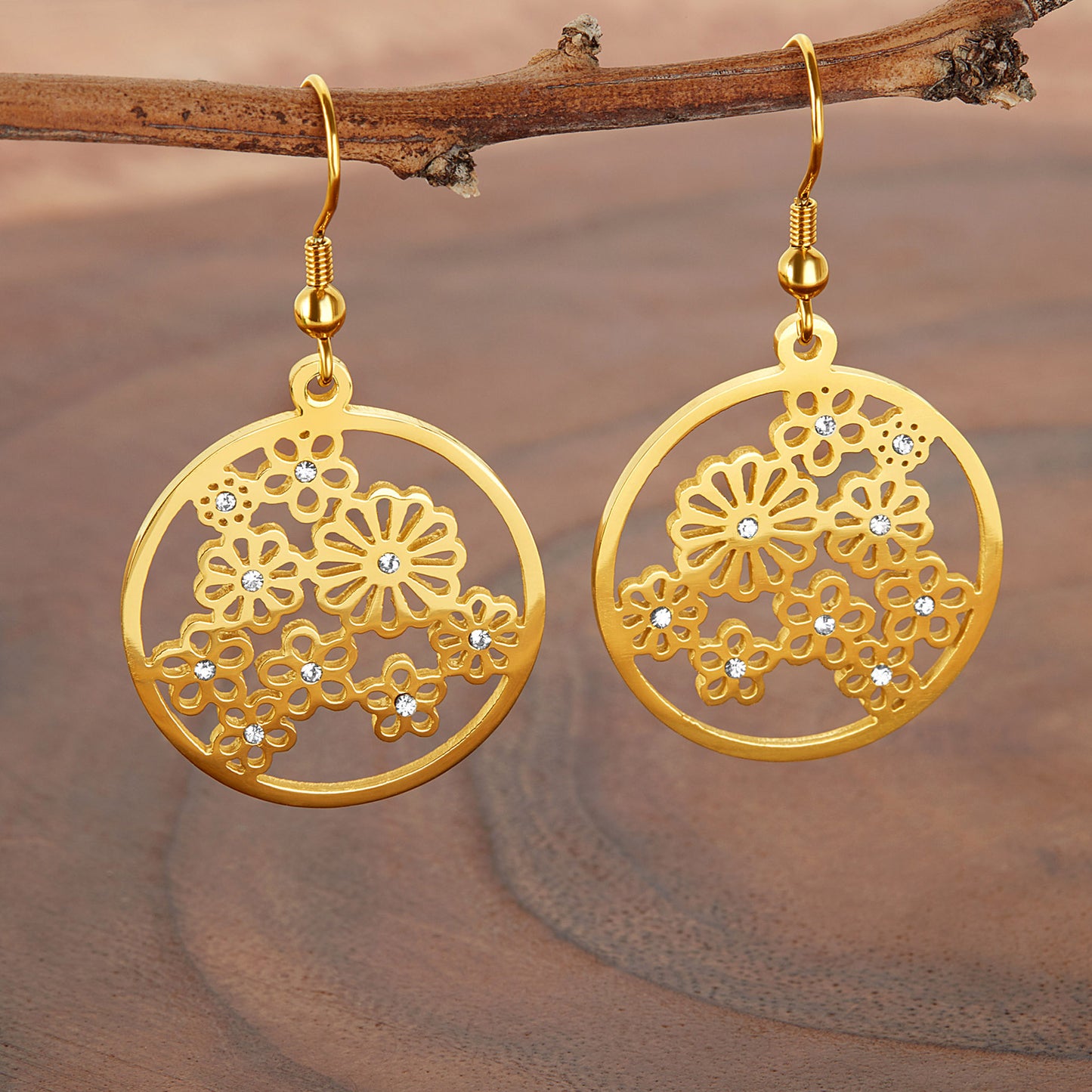 ELYA Women's Gold Plated Crystal Floral Stainless Steel Dangle Earrings