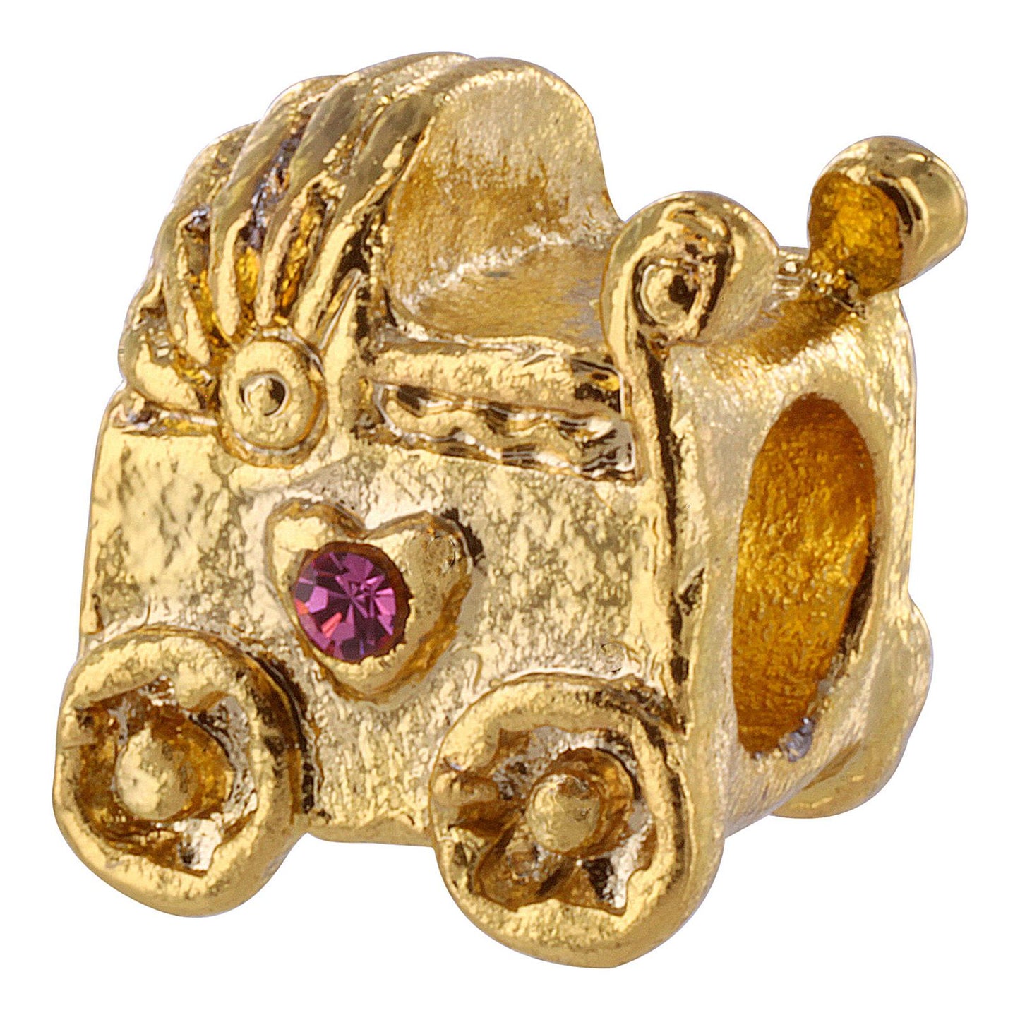 Baby Carriage Silver Plated Bead with Pink Stone