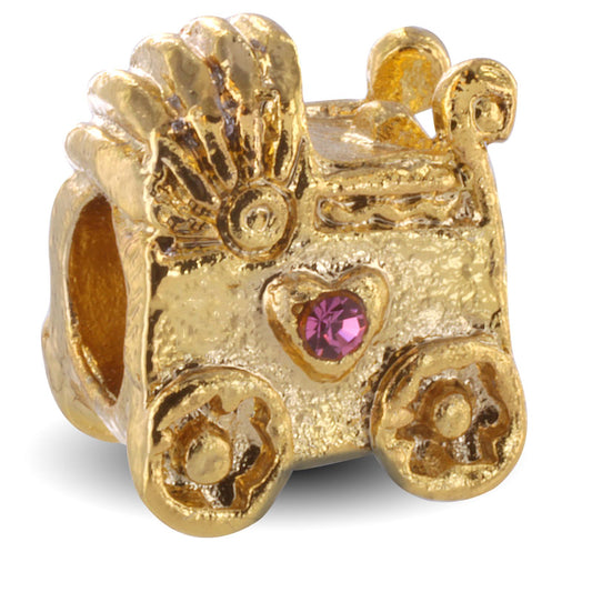 Baby Carriage Silver Plated Bead with Pink Stone