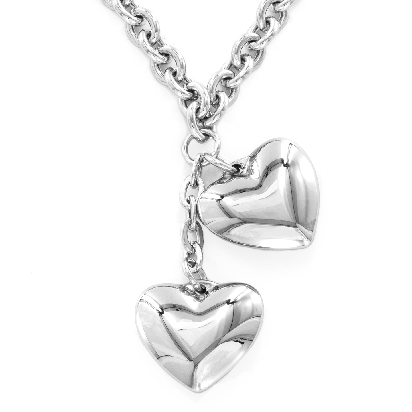 Women's Polished Dangling Puffed Hearts Stainless Steel Bracelet and Necklace Set