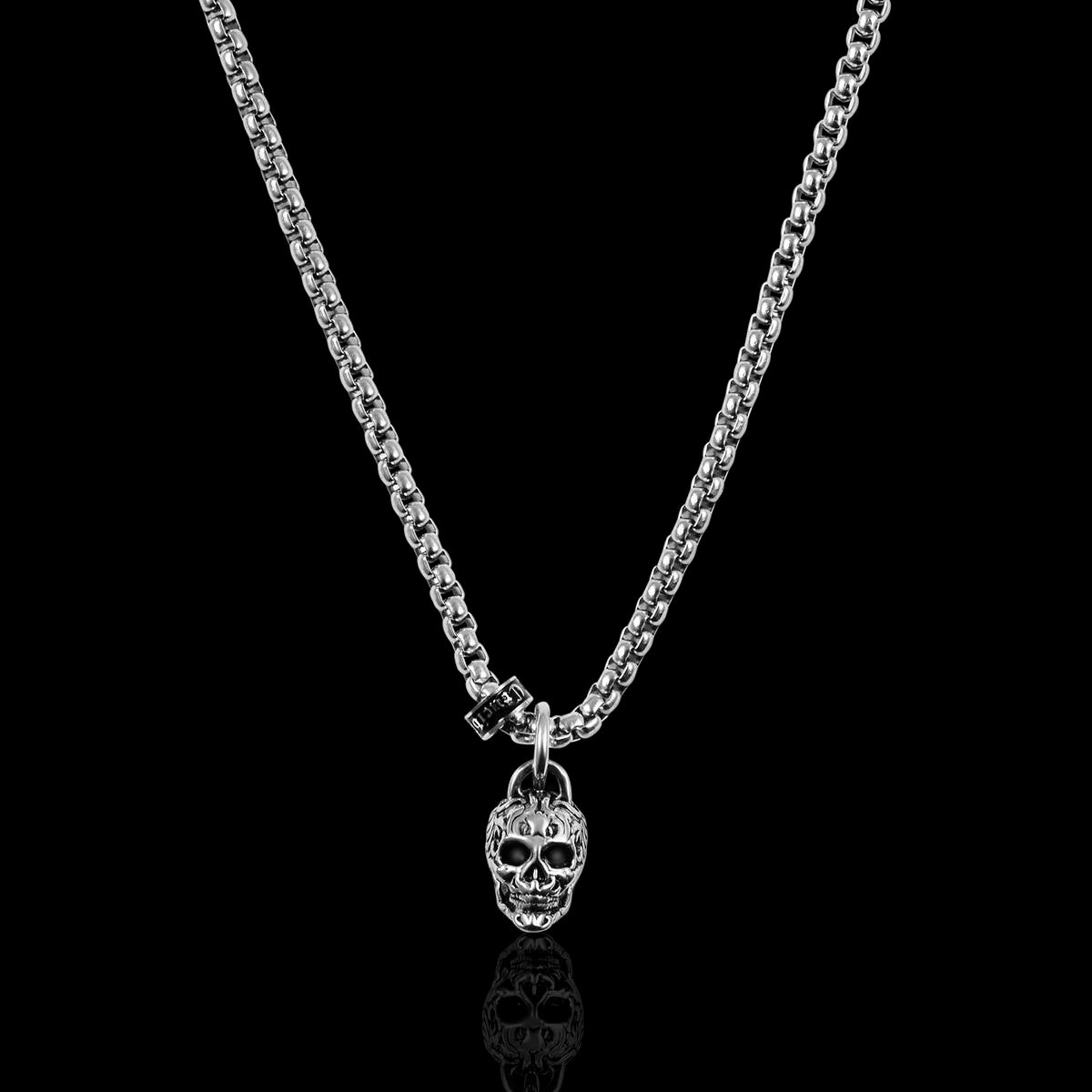 Stainless Steel 12mm Skull Necklace on 24 Inch 3mm Box Chain