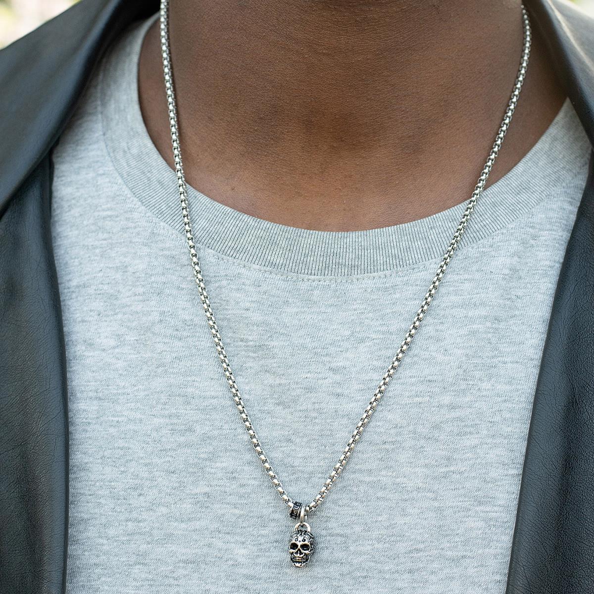 Stainless Steel 12mm Skull Necklace on 24 Inch 3mm Box Chain