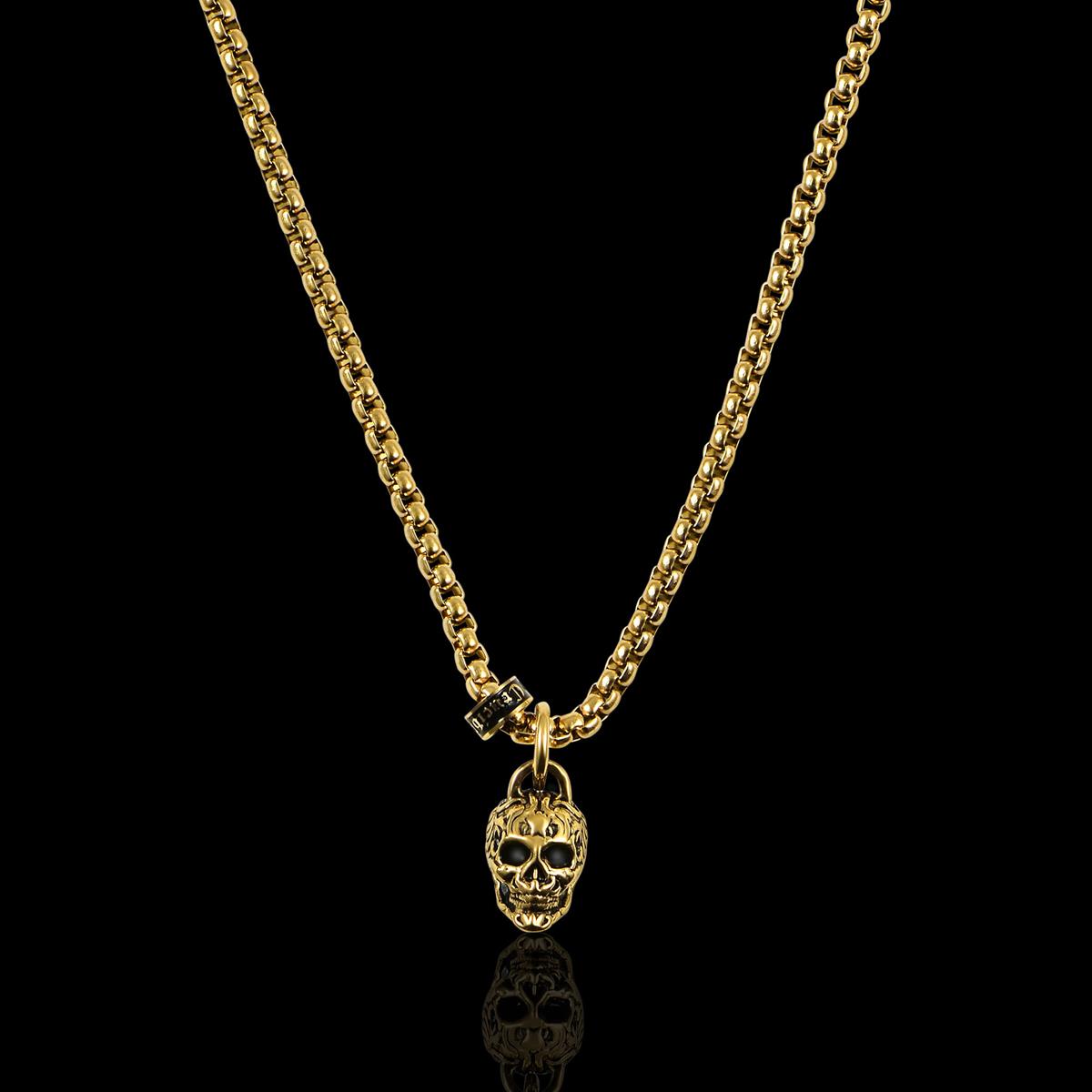 Crucible Jewelry Gold Stainless Steel 12mm Skull Necklace on 24 Inch 3mm Box Chain