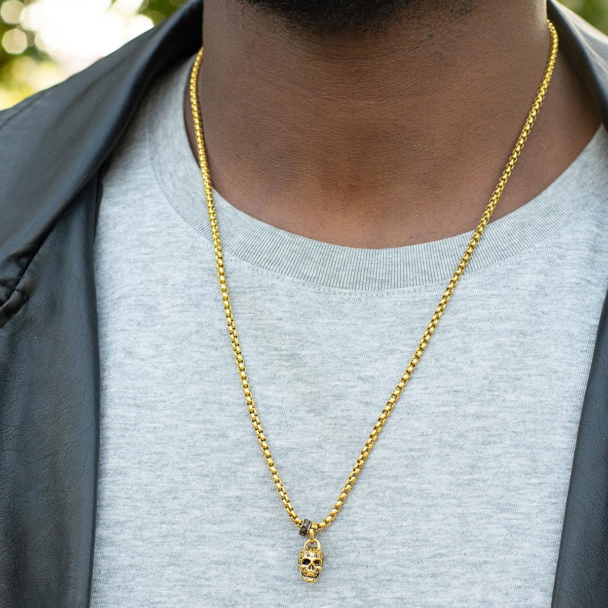 Stainless Steel 12mm Skull Necklace on 24 Inch 3mm Box Chain