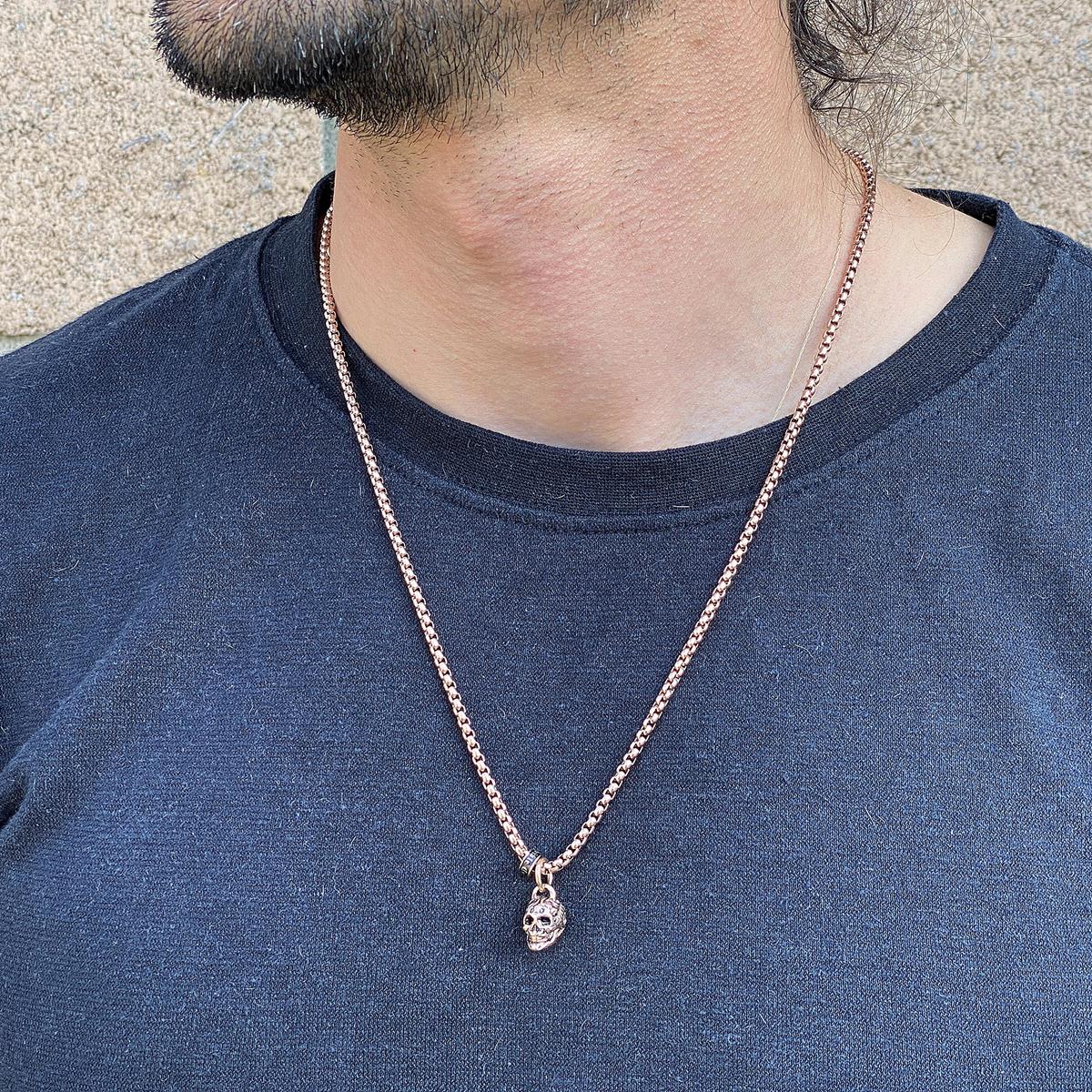 Crucible Jewelry Rose Gold Stainless Steel Small Skull Necklace on 24 Inch 3mm Box Chain