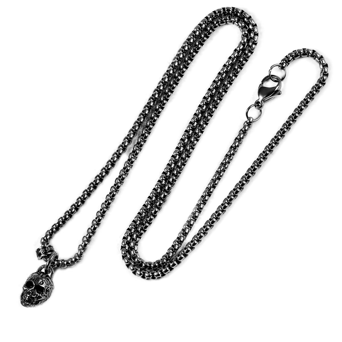 Stainless Steel 12mm Skull Necklace on 24 Inch 3mm Box Chain