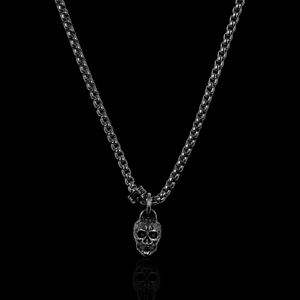 Crucible Jewelry Black Stainless Steel 12mm Skull Necklace on 24 Inch 3mm Box Chain