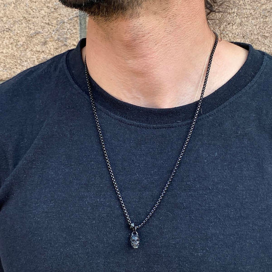 Crucible Jewelry Black Stainless Steel 12mm Skull Necklace on 24 Inch 3mm Box Chain