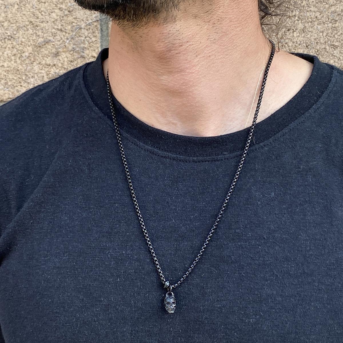 Stainless Steel 12mm Skull Necklace on 24 Inch 3mm Box Chain