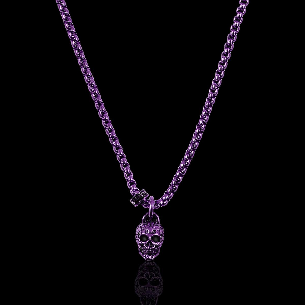 Crucible Jewelry Rose Gold Stainless Steel Small Skull Necklace on 24 Inch 3mm Box Chain