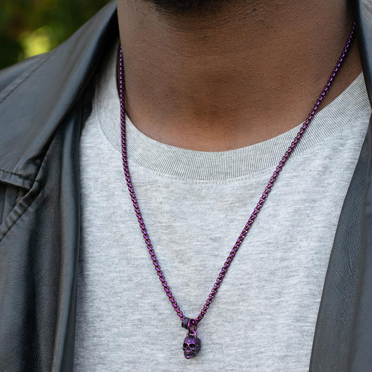 Stainless Steel 12mm Skull Necklace on 24 Inch 3mm Box Chain