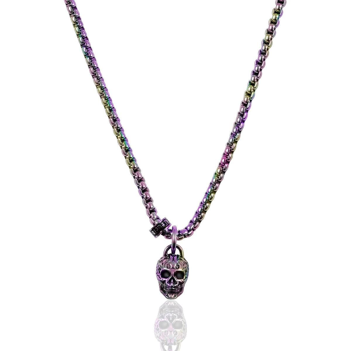 Crucible Jewelry Rose Gold Stainless Steel Small Skull Necklace on 24 Inch 3mm Box Chain
