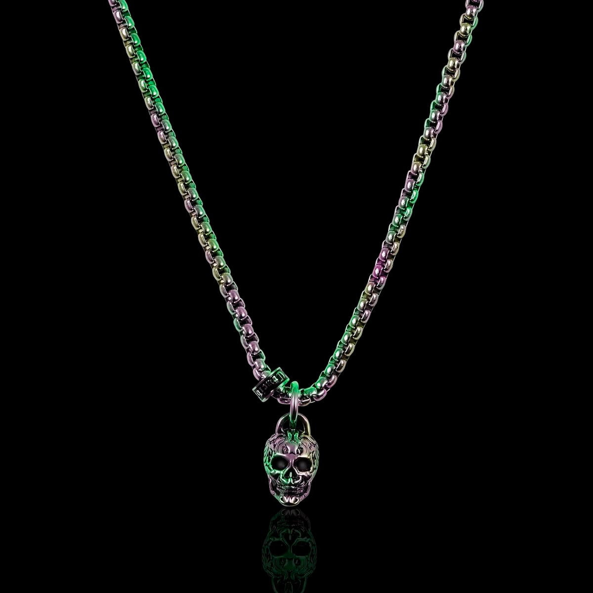 Crucible Jewelry Rose Gold Stainless Steel Small Skull Necklace on 24 Inch 3mm Box Chain