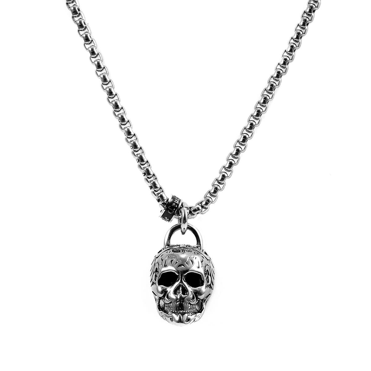 Stainless Steel 25mm Skull Necklace on 24 Inch 4mm Box Chain