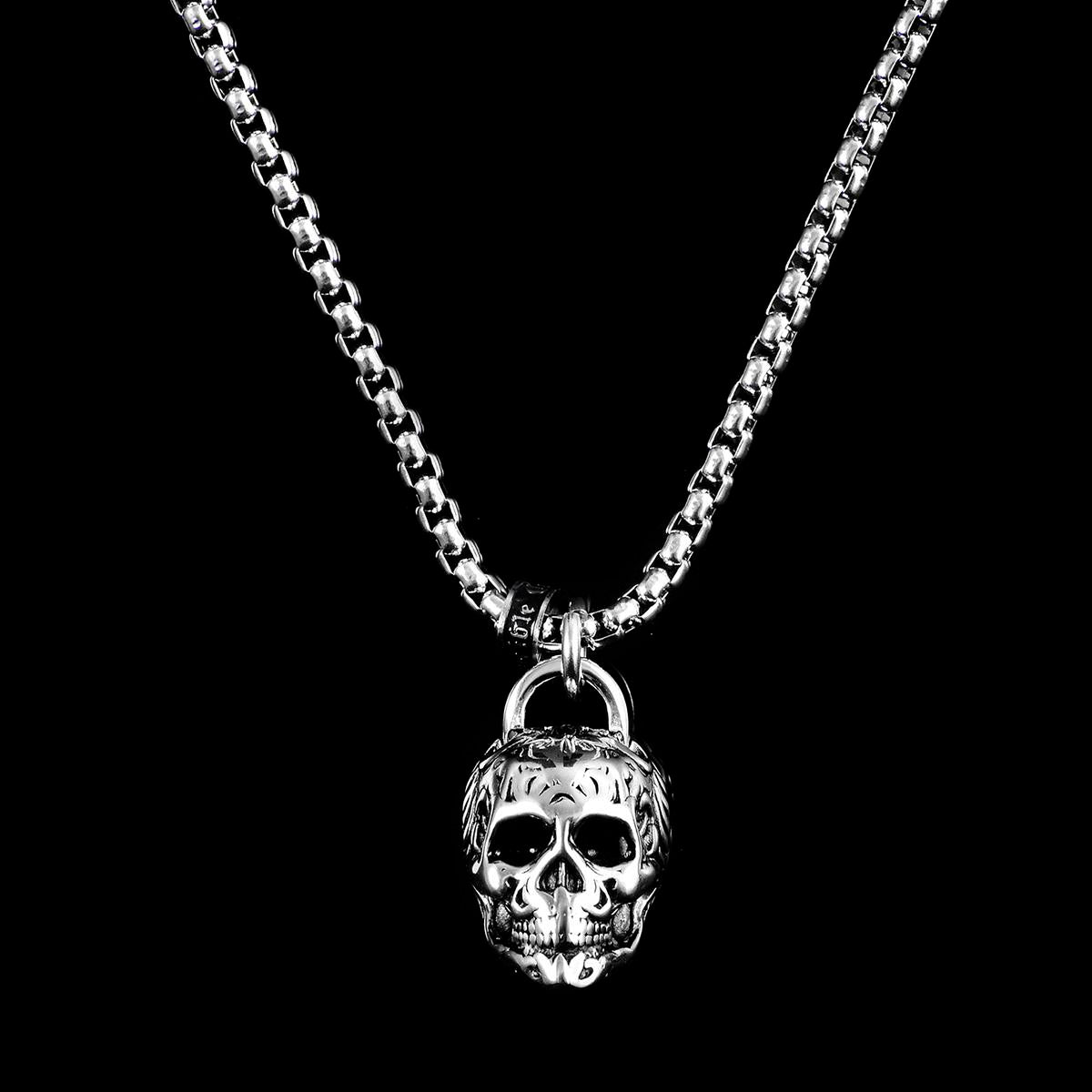 Crucible Jewelry Stainless Steel 25mm Skull Necklace on 24 Inch 4mm Box Chain