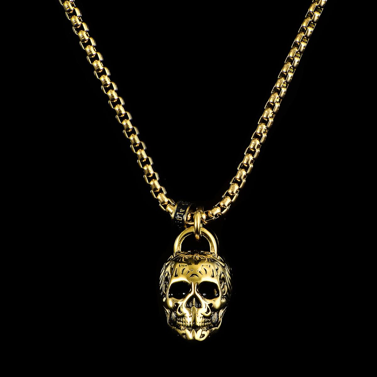 Crucible Jewelry Gold Stainless Steel 25mm Skull Necklace on 24 Inch 4mm Box Chain