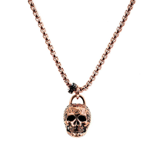 Crucible Jewelry Rose Gold Stainless Steel Large Skull Necklace on 24 Inch 4mm Box Chain