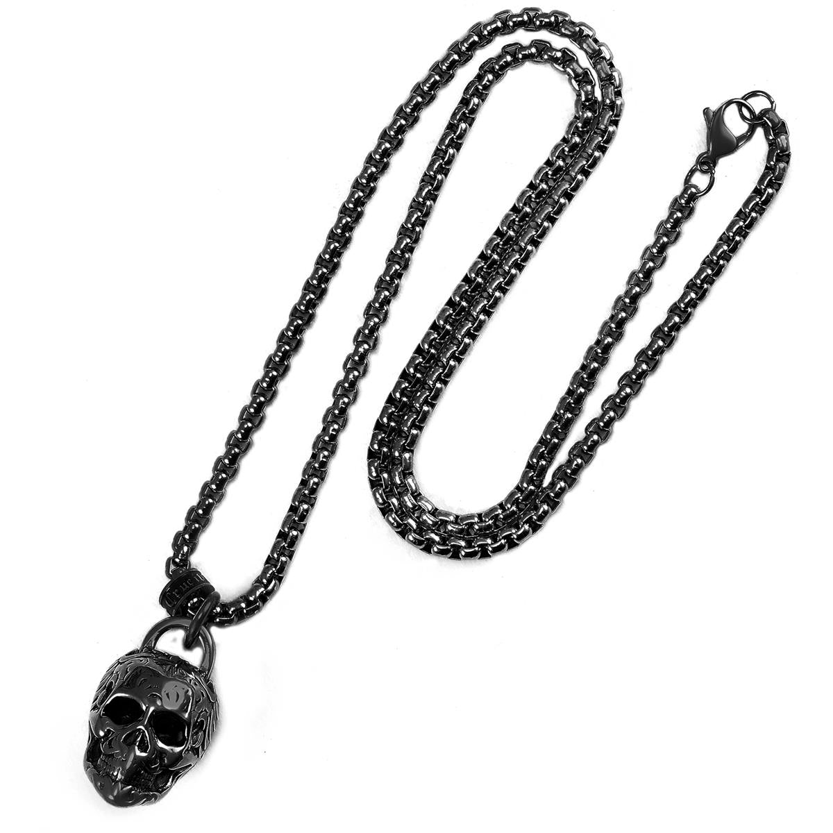 Crucible Jewelry Black Stainless Steel 25mm Skull Necklace on 24 Inch 4mm Box Chain