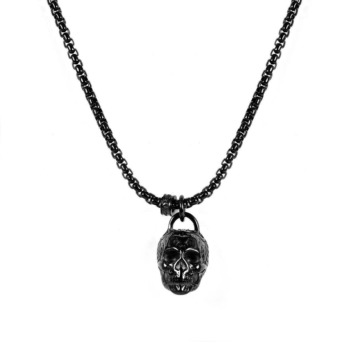Crucible Jewelry Black Stainless Steel 25mm Skull Necklace on 24 Inch 4mm Box Chain
