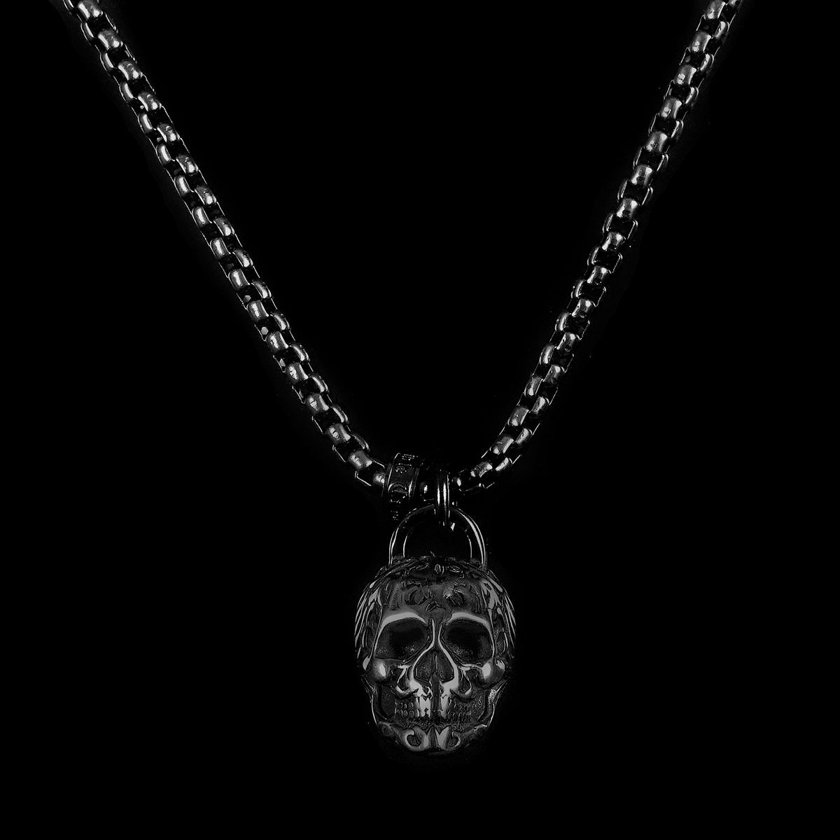 Crucible Jewelry Black Stainless Steel 25mm Skull Necklace on 24 Inch 4mm Box Chain