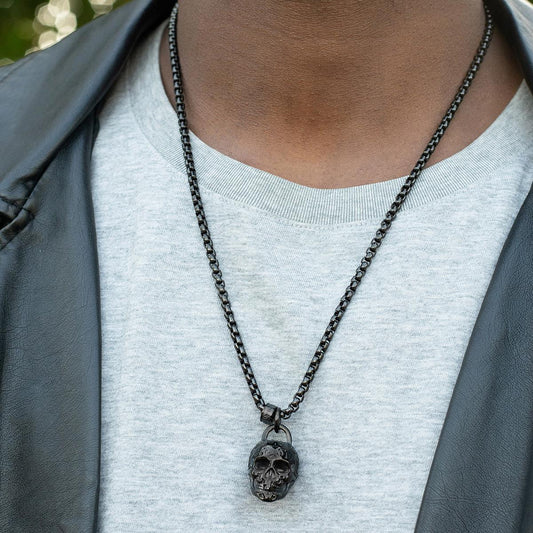 Crucible Jewelry Black Stainless Steel 25mm Skull Necklace on 24 Inch 4mm Box Chain