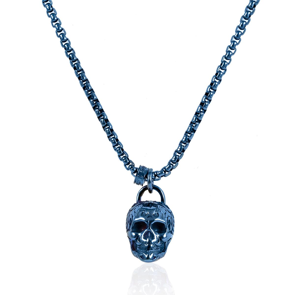 Crucible Jewelry Blue Stainless Steel 25mm Skull Necklace on 24 Inch 4mm Box Chain
