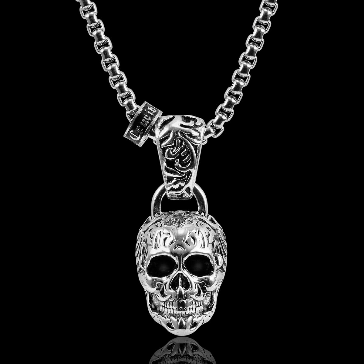 Stainless Steel 35mm Skull Necklace on 28 Inch 5mm Box Chain