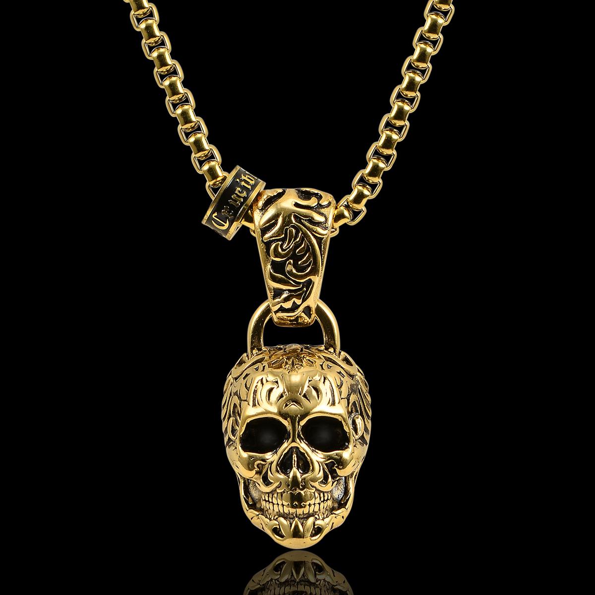 Crucible Jewelry Gold Stainless Steel 35mm Skull Necklace on 28 Inch 5mm Box Chain