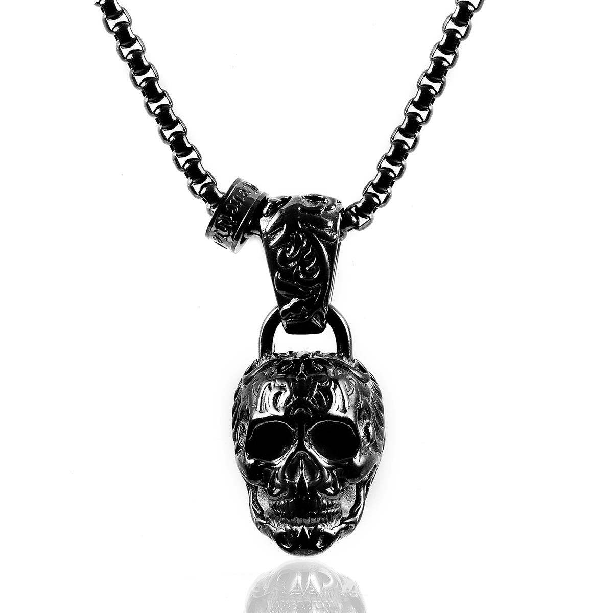 Stainless Steel 35mm Skull Necklace on 28 Inch 5mm Box Chain