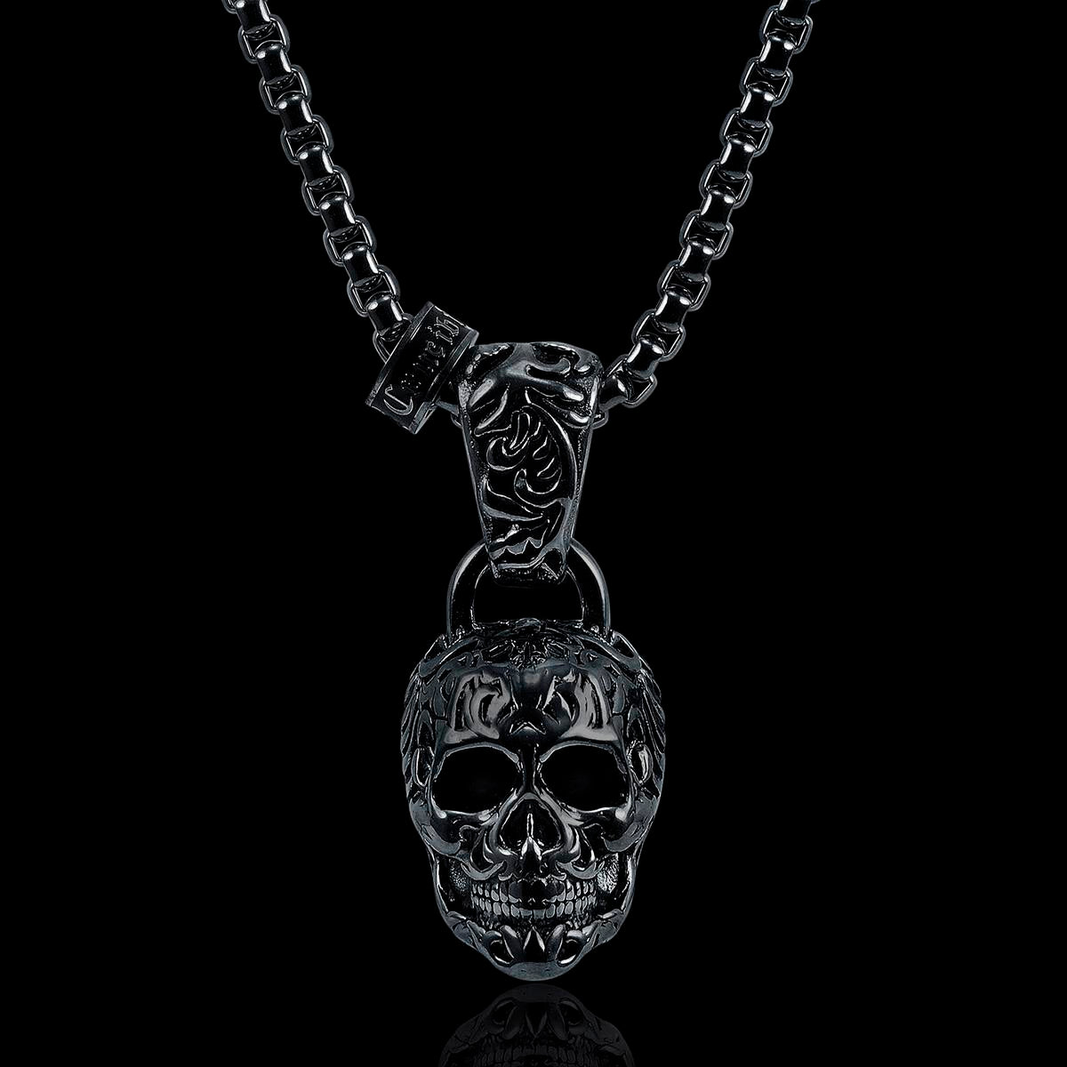 Stainless Steel 35mm Skull Necklace on 28 Inch 5mm Box Chain