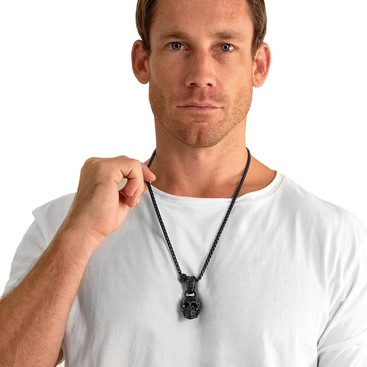 Stainless Steel 35mm Skull Necklace on 28 Inch 5mm Box Chain