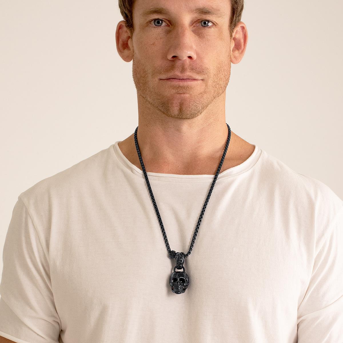 Stainless Steel 35mm Skull Necklace on 28 Inch 5mm Box Chain