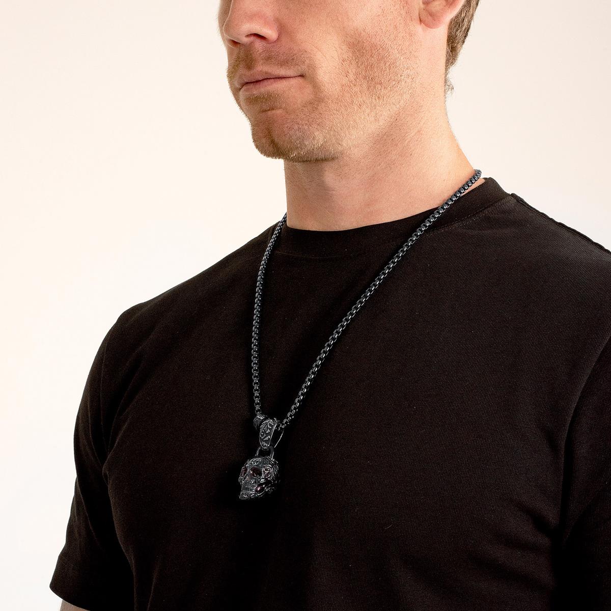 Stainless Steel 35mm Skull Necklace on 28 Inch 5mm Box Chain