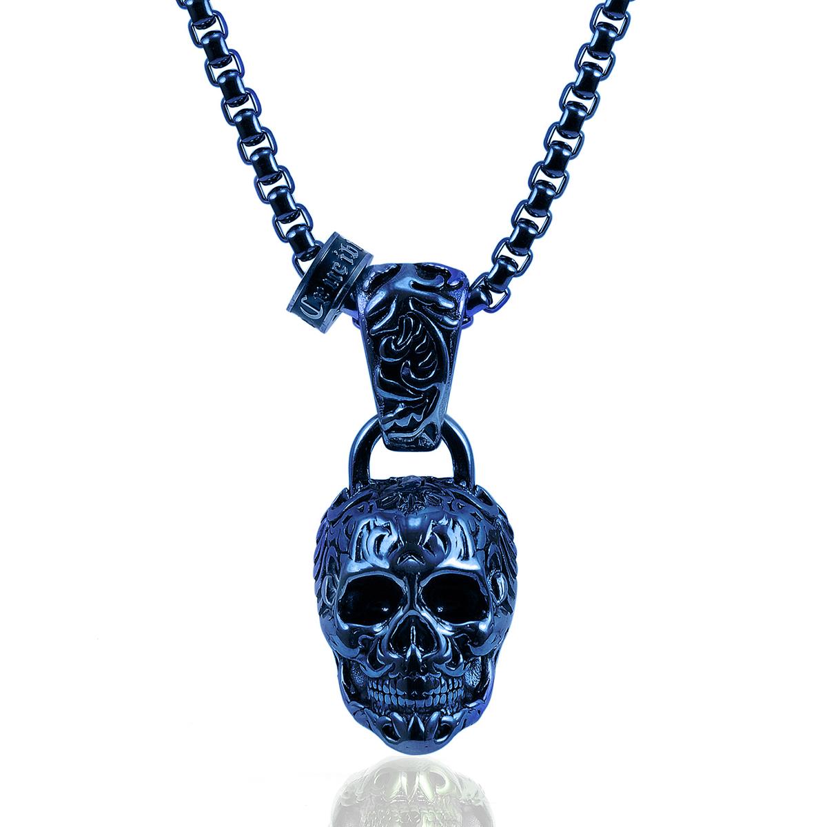 Stainless Steel 35mm Skull Necklace on 28 Inch 5mm Box Chain