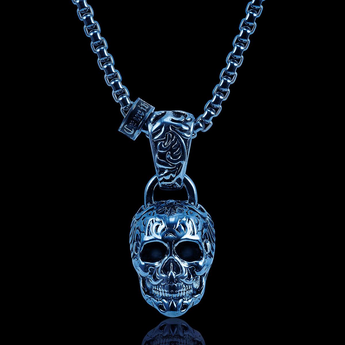 Stainless Steel 35mm Skull Necklace on 28 Inch 5mm Box Chain